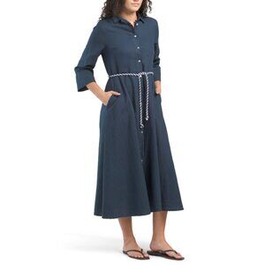 FRANCESCA BETTI Navy Made In Italy Linen Blend Shirt Dress With Rope Belt